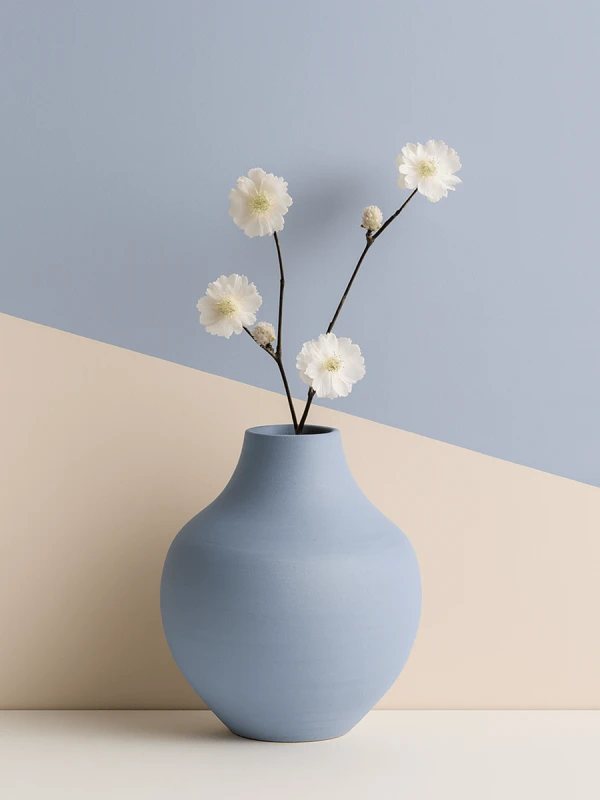 Matowy, jasnoniebieski wazon ceramiczny z delikatną gałązką o białych kwiatach stoi na blacie. na tle dwukolorowej z wyraźnym odcięciem pod kątem pomiędzy beżowym i jasnoniebieskim kolorem.